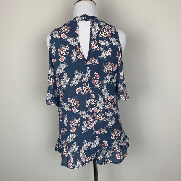 Sienna Sky Floral Cold Shoulder Blouse Top Keyhole Detail Size Small Blue White - Picture 2 of 8